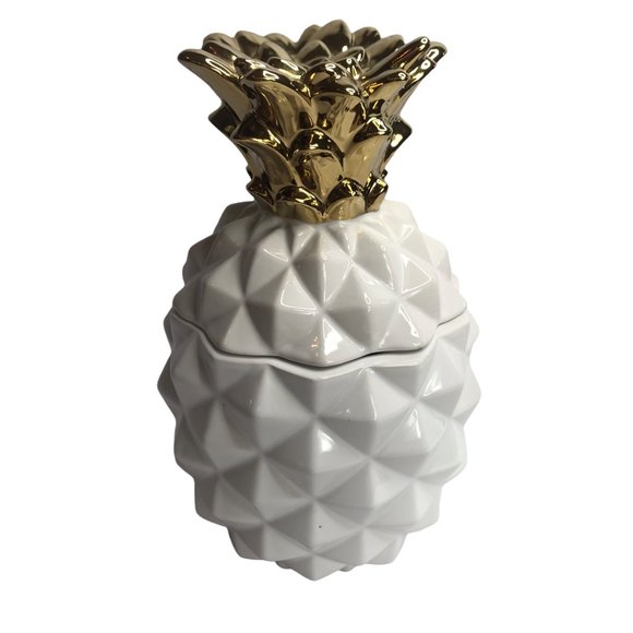 Pineapple Cookie Jar Stoneware White w Gold Top New, by Threshold Ceramic
